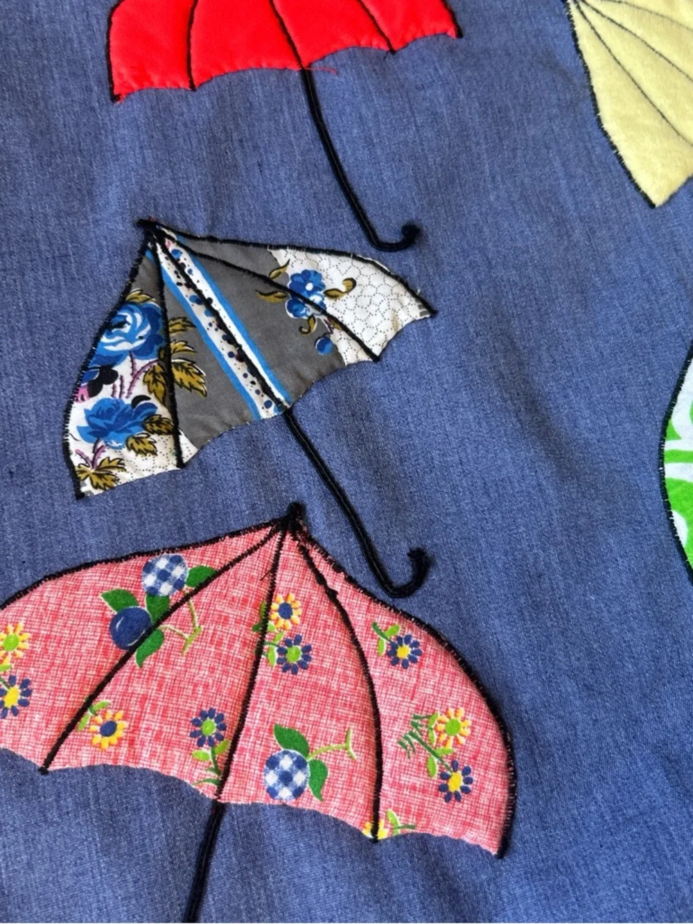 Blue Maxi Skirt with Colorful Umbrella Appliqués